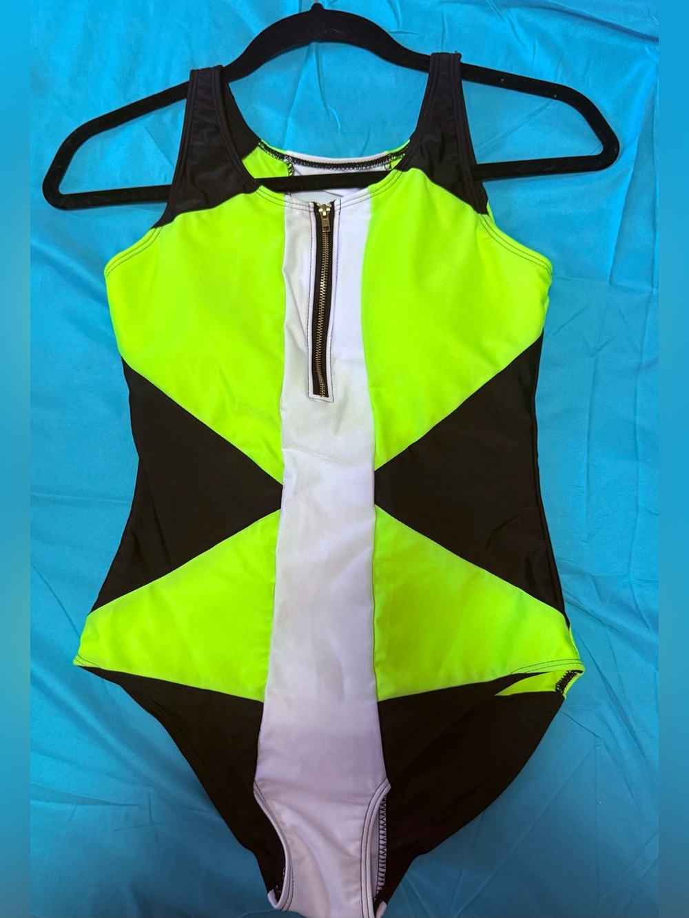Neon Yellow Black One-Piece Swimsuit with Front Zip woman’s large
